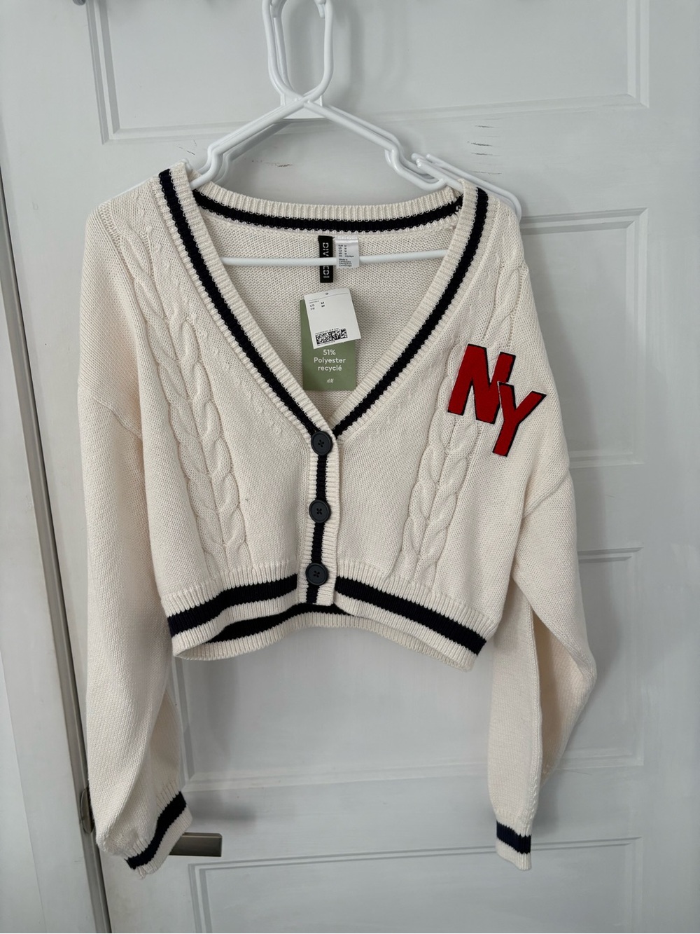 H&M Cream Cropped Cable-Knit Cardigan with Red NY Patch
